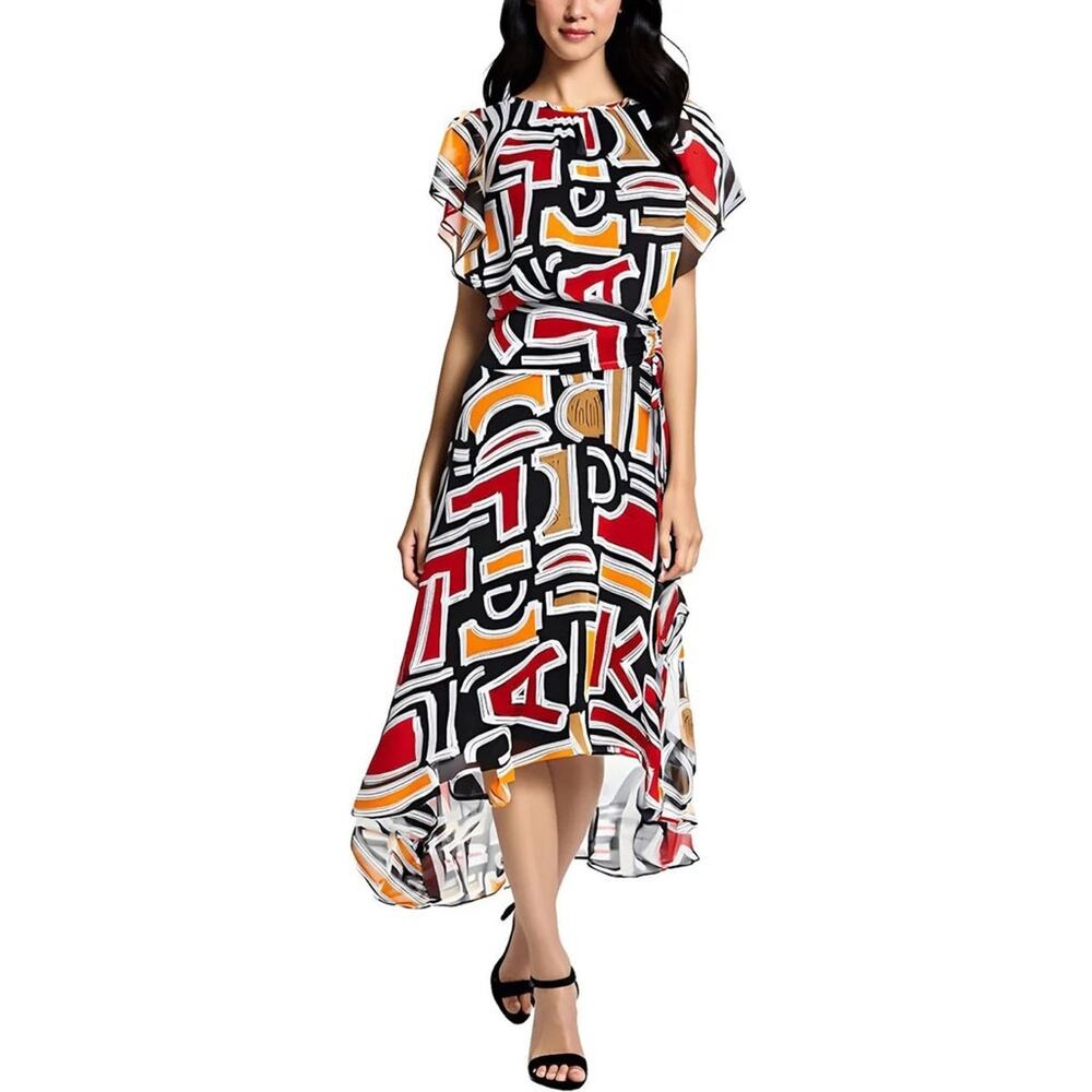 Karl Lagerfeld $169 Abstract Maxi Dress in Red, Yellow, and Black Size 6